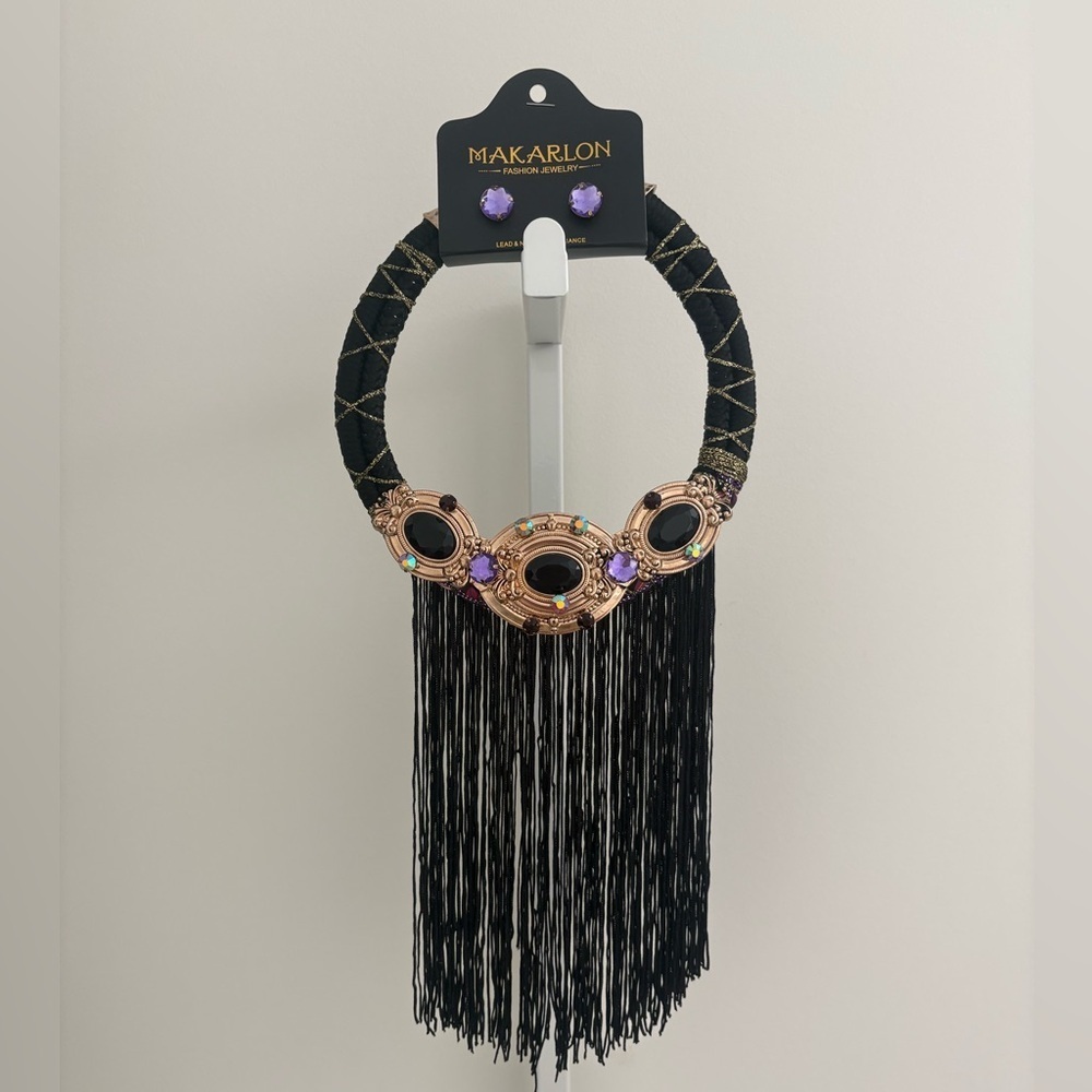 Makarlon Black Gold Fringe Statement Necklace Purple Beaded Boho